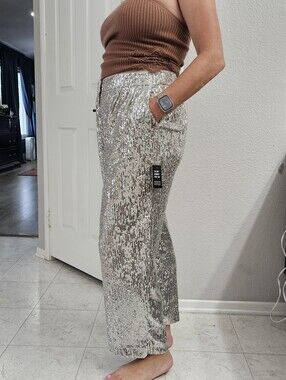 1/2 Off $108 Fun Women's Express Silver Sequin Pants Cropped High-Rise Medium.